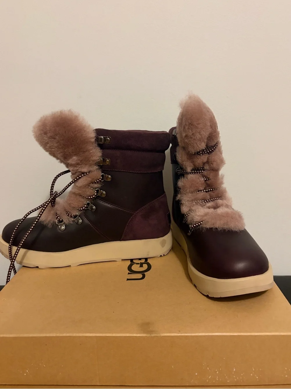 UGG Women's Brown Leather & Suede Winter Boots with Pink Shearling Trim